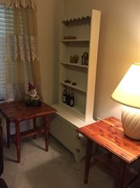 Cedar Tables.  Cute White Shelf and Cabinet