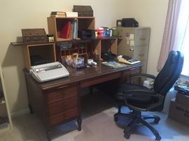 Doten-Dunton Desk Co -  Antique Executive Desk.  Custom Glass on top. Desk chair, 4 drawer file cabinet