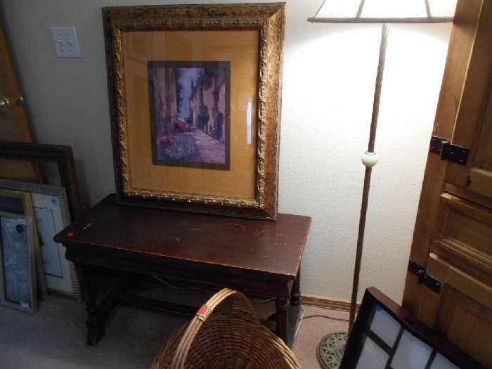 Piano Bench & Custom Framed Art + Brass Antique Lamp