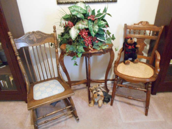 Antique Rocker, Side Chair and Occasional Table