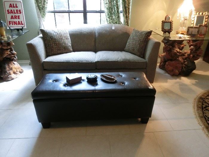Bassett sofa with pull out bed; brown bench for storage