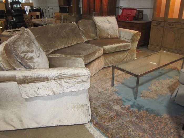 suede sofa, chrome glass top  coffee table 