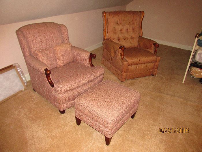 FOOT STOOLS, WINGBACK CHAIRS