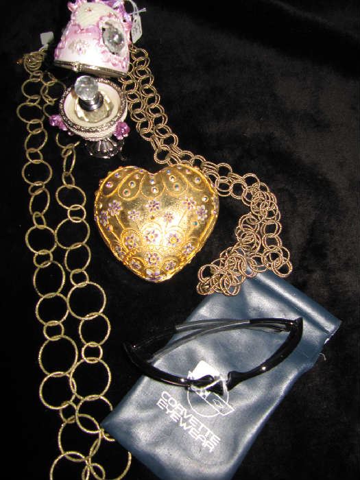 Joan Rivers, Betsey Johnson necklaces Cute Faberge style egg with perfume bottle, Corvette sunglasses