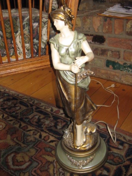 Original signed L&F MOREAU Figural Lamp, Girl with rake