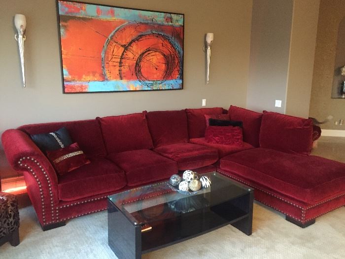 11'x7' Red velvet couch 
Coffee table 
Art 
