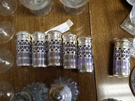 silver plated colbalt blue salt and pepper shakers