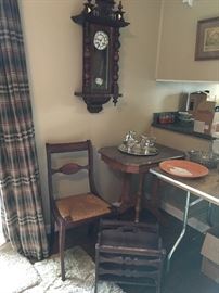 Marble top table, magazine rack, and side chair