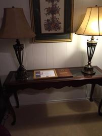 cherry sofa table with glass insert