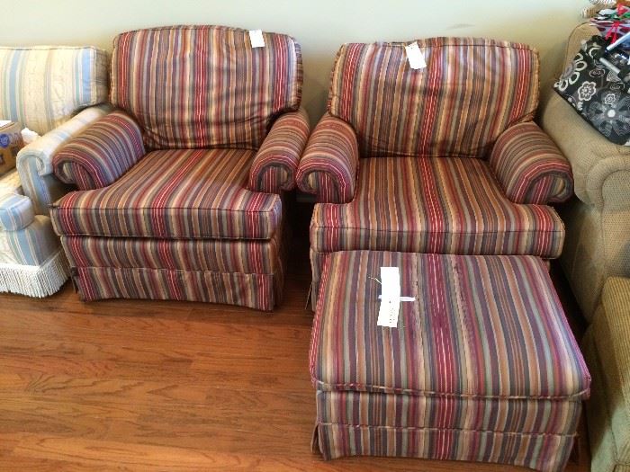 #11 (2) Thomasville red striped club chairs $175/each 
#12 Thomasville red striped ottoman $ 50