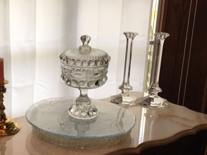 Clear platters, Candlestick holders and candy dish
