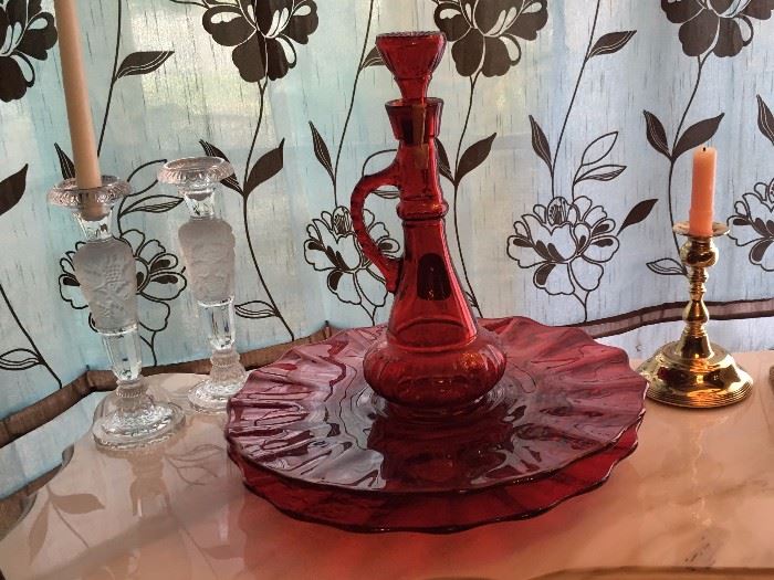 Crystal candlesticks, Red Bottle and 2 platters, Brass candlestick holders
