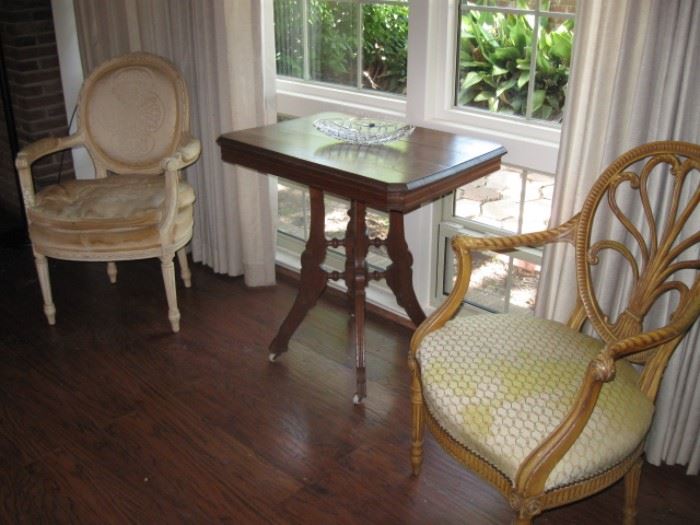 Two antique side chairs and Victorian table
