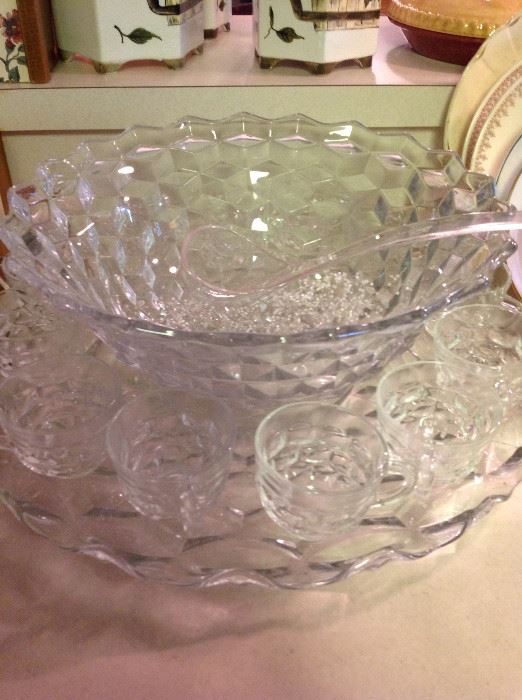 Federal Glass - American (Clear)  Punchbowl, Cups, and Large Tray with Ladle