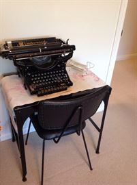 Metal typewriter desk and chair, vintage Underwood typewriter