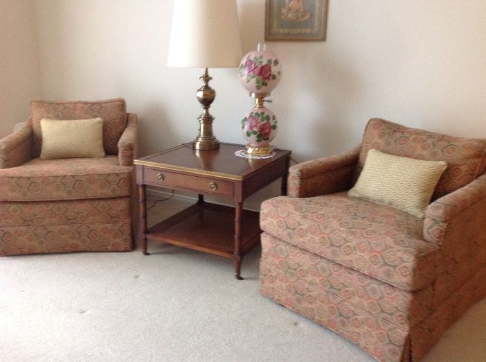 Matching upholstered chairs,  Hekman end table, Stiffel lamp