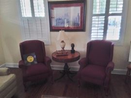 Pair wing back recliners and  oak parlor table 