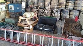 Garden Tools; Garden Cart; Lawn Sweeper; 40’ Werner Fiberglass Ext Ladder; Lots of Hand Tools and Hand Power Tools; and More!