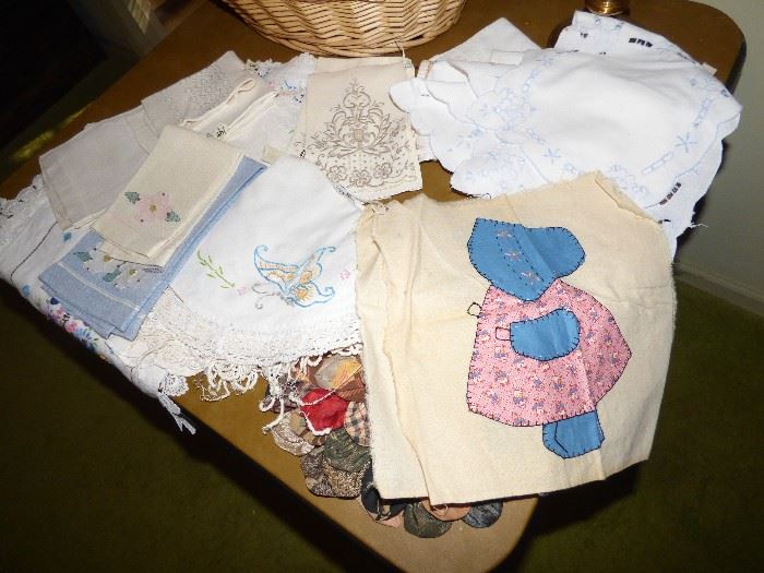 Vintage embroidered items, Sunbonnet Sue quilt squares