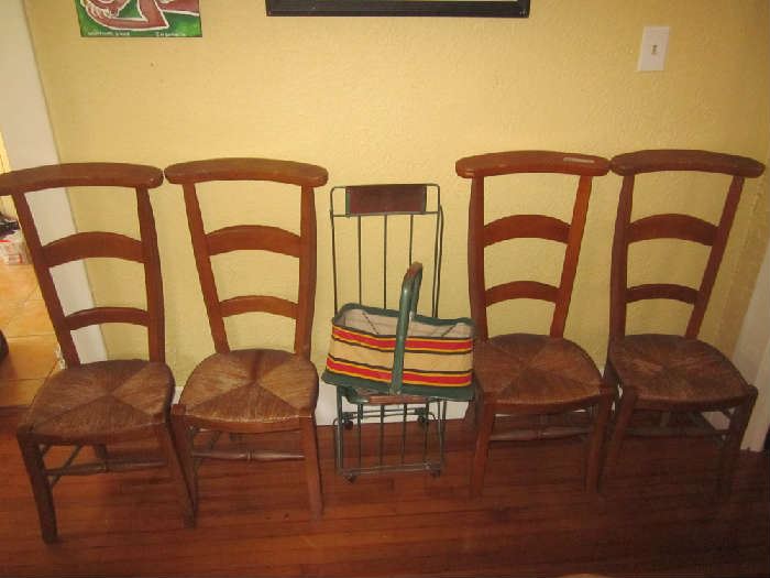 4 church chairs with cane seats
Vintage store shopping rack/caddy with 3 baskets