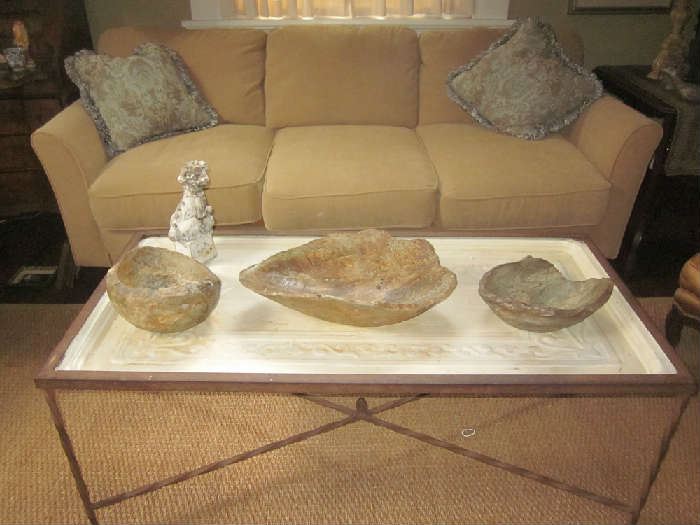Russell Everette stone bowls hand sculpted from indigenous Alabama rock and wrought iron coffee table with ceiling tile insert 