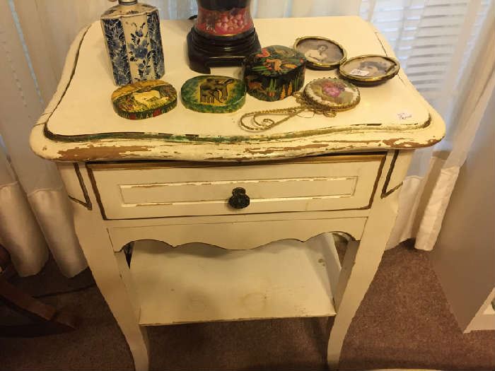 Shabby chic end table, collection of small boxes