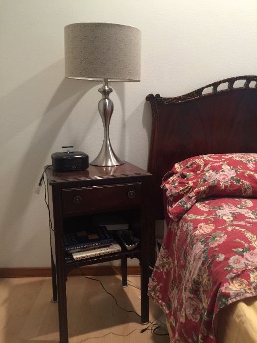 Antique mahogany end table + modern lamp