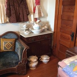 Wash Stand with marble top and candle stands.  Also shown the 7 pc. Bowl & Pitcher set.  Most have covers.