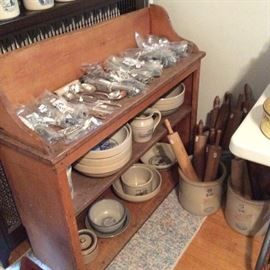 Crock Bowls, 2 Gal Crocks, Rolling Pins, Pine Shelf & lots of misc. flatware