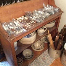 Pine Shelf, Crock Bowls, Rolling Pins & Misc. flatware