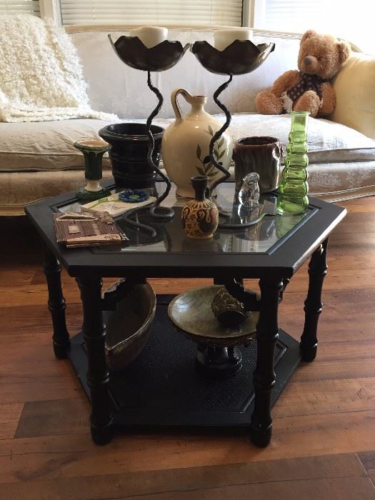 Coffee table, pottery, candle holders