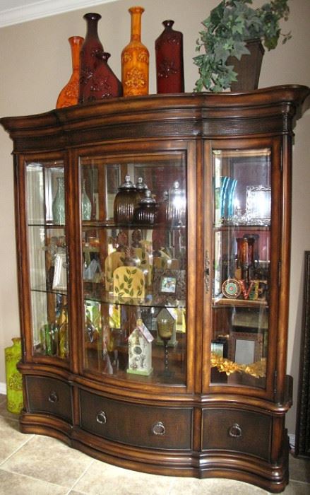 New Castle Bevel Glass Front China/Curio Cabinet above 3 Drawers with Faux Stamped Lizard Paneled Fronts,  Beautiful Serpentine Front Cabinet (70"W x 84"H x 21"D)