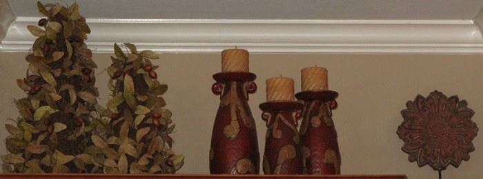 2 Silk Pine & Berry Oblisk Topiary, Set of 3 Graduated Ceramic Candle Stands & a Medallion on Metal Base