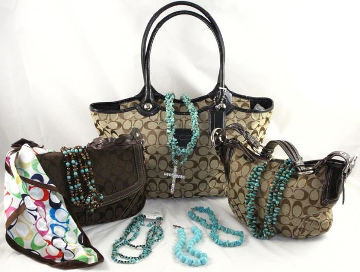 Authentic COACH Handbag: Multi Colored Monogram Silk Scarf, Chocolate Brown Monogrammed Handbag Leather Trim and Braided Strap w/Original Dust Cover, Large Monogram Zippered Tote Style Handbag w/Dust Cover and Key Chain,  Small Monogram Print Leather Trim and Braided Strap. Also shown 3-Strand Turquoise beads, Amber Crystals & Tiger Eye Chips Necklace - Twisted 3-Strand Turquoise Necklace w/ a Clip-on Rhinestone Cross. - 3-Strand Turquoise and Tiger Eye Chips Necklace  - 3 Strand Turquoise with Black beads and Matching pierced Earrings, Turquoise Genuine Stone Beads w/Crystal Accent Closure and a Large Turquoise Chip Necklace with Sterling Chain & Clasp