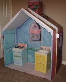 Playskool Rose Petal Cottage 2-Part (38"W x 43.5 "H x 19"D) plus (37"W x 42.5"H x 18"D). Shown with Rosebud Cottage Stove and Sink