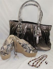 Pravda Replica Large Bronze and Silver Handbag and a Pair Bolaro by Summer Rio 5 1/2" Platform Wedge. Also Shown a Large 18" Chain w/Rhinestone Magnetic Clasp Tear Drop Pendant and a Double Strand of Multi Amber Crystals with Matching Pierced Earrings 