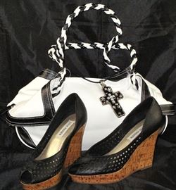  New Large White w/Black Trim and Braded Shoulder Strap Handbag, Steve Madden Pierced Black Leather Cork Wedges.  Shown with a Magnetic Clasp Silvertone 4" Enameled & Rhinestone Cross on a 19" Leather Strap 