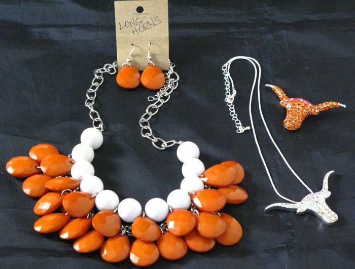 UT - Texas Longhorns!!! Get ready for the Games!!! Silvertone Chain Accented White Glass Beads w/Double Layered Faceted Tear Drops Necklace, Orange Rhinestone Magnetic Clasp Pendant and a Silver Crystal Longhorn Pendant on a Delicate Snake Chain.