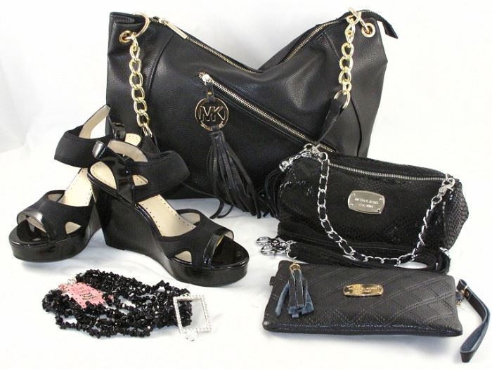 Michael Korr Replicas: SOLD! Large Black Handbag w/Goldtone Chain and Tassel Accent Closure,  a Small Faux Snake Handbag with Silvertone Findings and SOLD!  Chain Accents with Tassel Zipper, a Wristlet Tasseled Zipper Closure and a Pair Black Wedge Sandals.  Jewelry shown is a Multi 5 Strand Black Onyx Necklace and Black Onyx Pierced Earrings also is a Rhinestone Picture Frame Charm