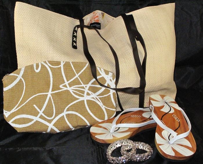 The Royal Standard Collection Cream Sarong Tote Bag and Zippered Beige with White Cosmetic/Clutch and a Pair Wooden Hibiscus White Leather Thong Sandals. Shown with Silvertone Daisies w/Rhinestone Center on Stretch Mylor.
