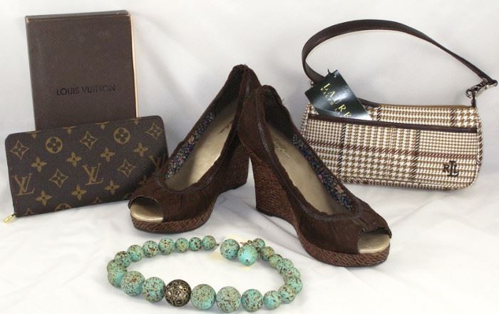 purses SOLD:  Pair Charlotte Russe Brown Suede Open Toe Woven Wicker Covered  Wedge Shoe, Lauren Ralph Lauren HoundsTooth Print Purse with Brown Leather Strap.  Jewelry shown is a Faux Turquoise Gratuated Bead Necklace with Matching Pierced Earrings.