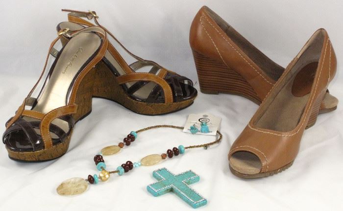 Charlotte Russe Chocolate  Patent and Brown Leather Cork Wedge Sandals and  Aerosoles Saddle Stitched Caramel Open Toe Stacked  Leather Wedge.  Jewelry shown is Turquoise, Natural Stones and Faceted Glass Pendant Necklace with Matching Turquoise Pierced Earrings and a Large 3.5" Turquoise, Rhinestone Embellished Cross Pendant 