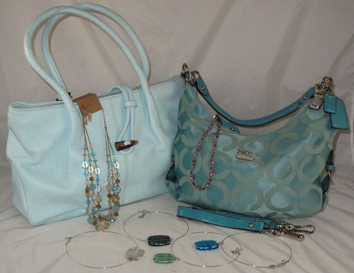 Large Light Aqua Handbag with Horn Toggle Closure and SOLD: Jewelry Shown: 3 Strand Aqua and Champagne Faceted Lucite and Glass with Crystal Accent Necklace with Matching Pierced Earrings and Several Silvertone Wire Chockers with Blown Art Glass Pendants. 