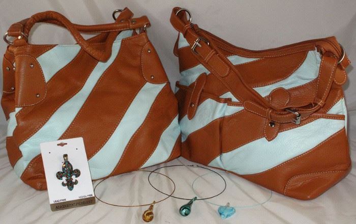 Large Aqua and Brown Diagonal Stripe Vinyl Handbags. Jewelry shown is Turquoise and Amber Rhinestone Fleur De Lis Magnetic Closure Pendant and Wire Choker Art Glass Drops and Heart Necklaces