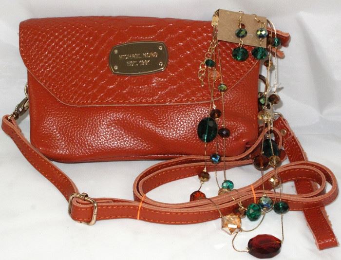 Michael Korr Replica Small Shoulder Strap Handbag Jewelry Shown: 3 Strand Turquoise, Champagne and Amber Crystals on Chain Necklace with Matching Turquoise Crystal Pierced Earrings 