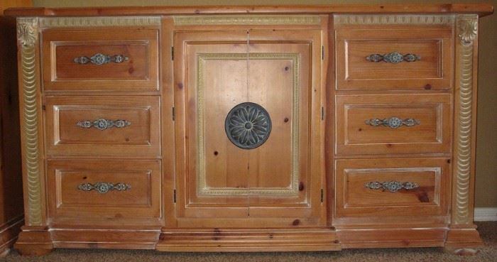 Solid Pine  Dresser/Sideboard with center Medallion Pull 2-Door Cabinet and 3 Drawers on each side (72" x 19"D x 38"H )