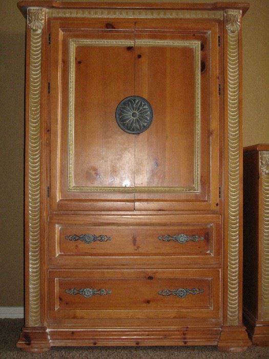Solid Pine  Armoire: Double Doors Cabinet over 2 Drawer (42"W x 18.5"D X 64"H) 
