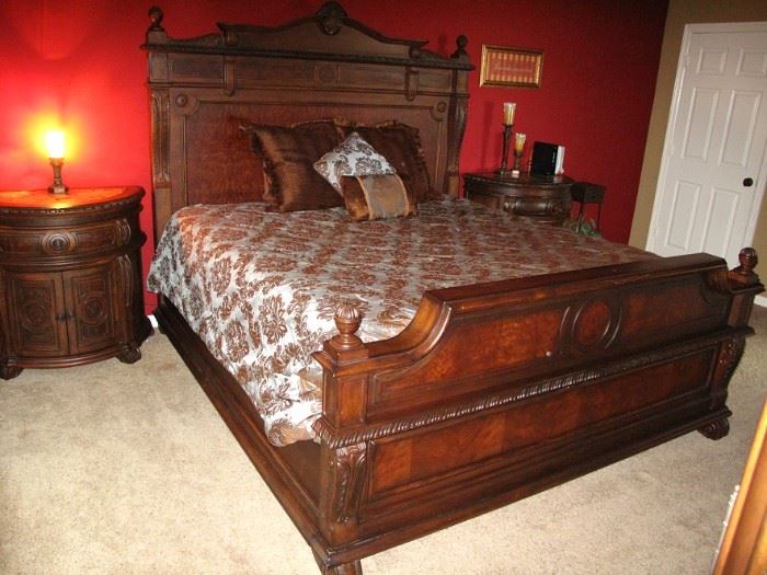 TS Berry - Hillsboro Wellesley King Mansion Bed (Made in USA) View with Pair Matching Demi Lune Nightstands. Serta Perfect Sleeper Kingsize Pillow Top Mattress Set