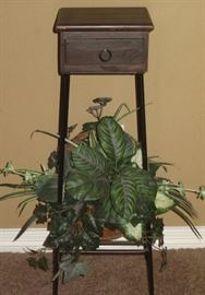 Wood Plant Stand with Drawer on Black Metal Base