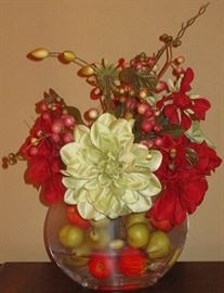 Silk Floral Arrangement in Glass Vase With Fruits
